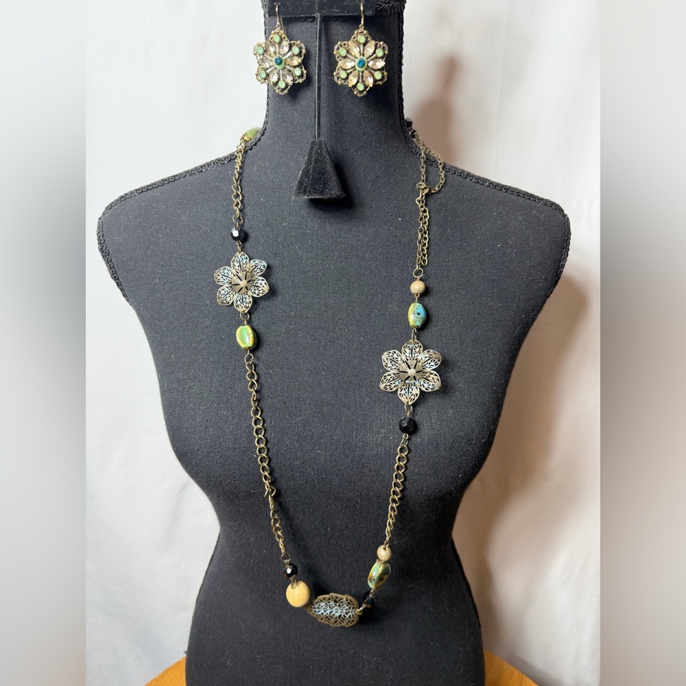 Vintage Earrings and Leaf Brass Necklace
